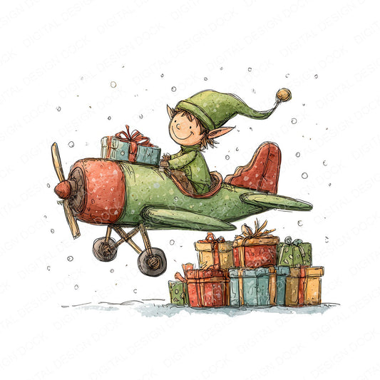 Christmas Watercolour Elf Plane fussy cut sheet in US Letter format showing all 12 designs on one printable page