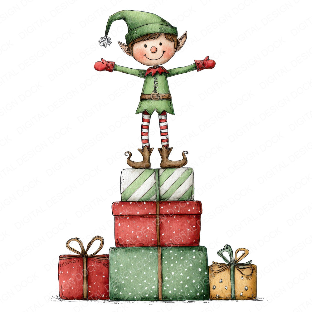 Christmas Watercolour Elf Presents A fussy cut sheet in A4 format showing all 12 designs on one printable page