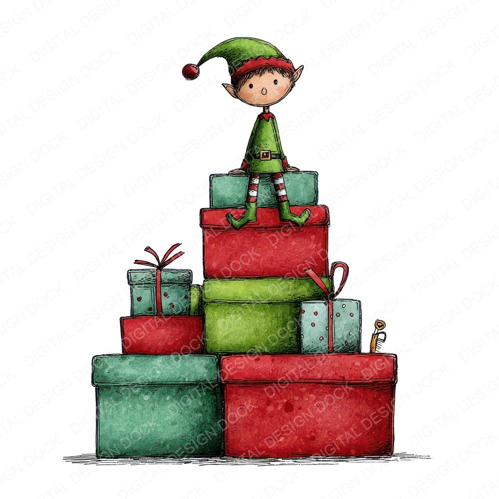 Christmas Watercolour Elf Presents SET A Fussy Cut Sheets (DDD009302)