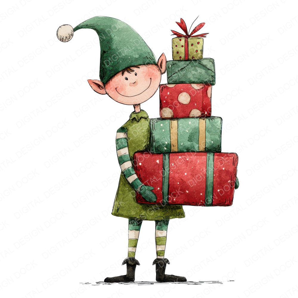 Christmas Watercolour Elf Presents B fussy cut sheet in A4 format showing all 12 designs on one printable page