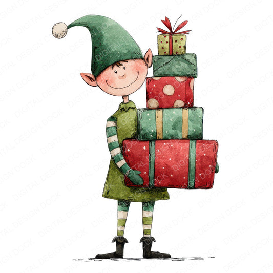Christmas Watercolour Elf Presents B fussy cut sheet in A4 format showing all 12 designs on one printable page