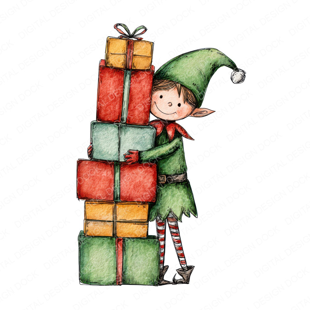 Christmas Watercolour Elf Presents B fussy cut sheet in US Letter format showing all 12 designs on one printable page