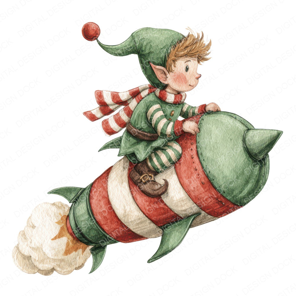 Christmas Watercolour Elf Rocket fussy cut sheet in A4 format showing all 12 designs on one printable page