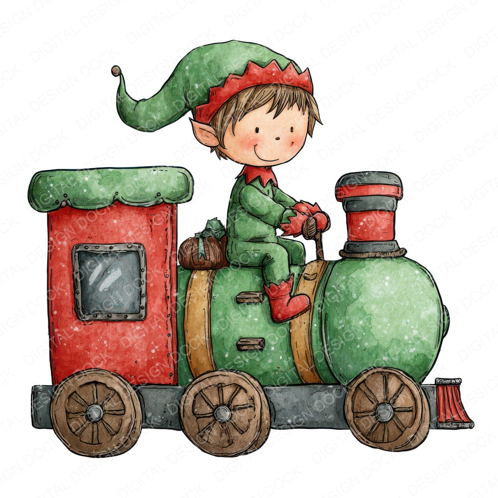 Christmas Watercolour Elf Train fussy cut sheet in A4 format showing all 12 designs on one printable page