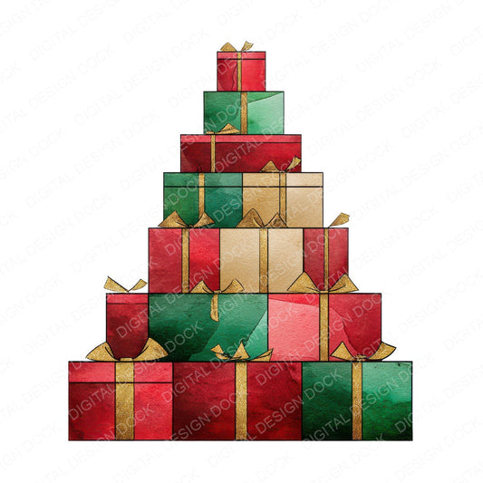 Christmas Watercolour Gift Tree fussy cut sheet in A4 format showing all 12 designs on one printable page
