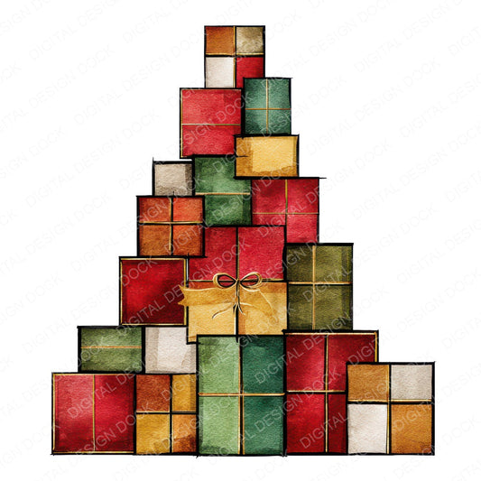 Christmas Watercolour Gift Tree fussy cut sheet in US Letter format showing all 12 designs on one printable page