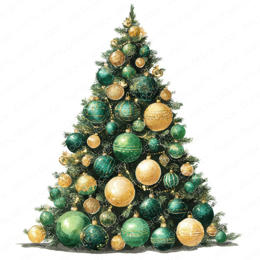 Christmas Watercolour Grand Tree fussy cut sheet in A4 format showing all 12 designs on one printable page