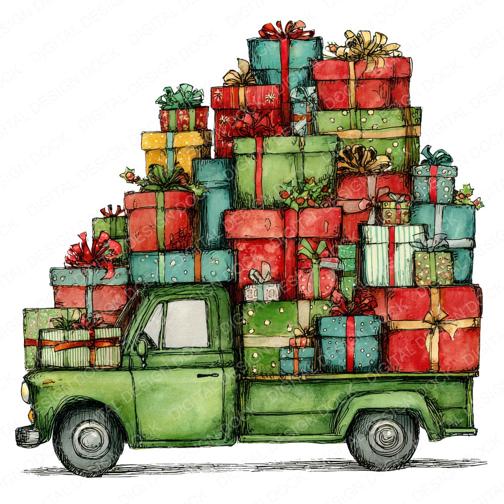 Christmas Watercolour Lorry Gifts fussy cut sheet in A4 format showing all 12 designs on one printable page