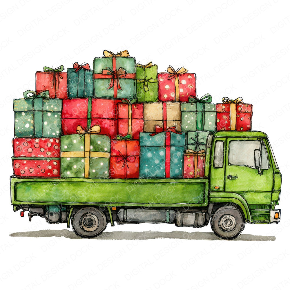 Christmas Watercolour Lorry Gifts fussy cut sheet in US Letter format showing all 12 designs on one printable page