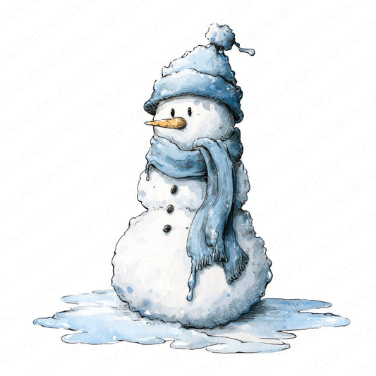 Christmas Watercolour Melted Snowman fussy cut sheet in US Letter format showing all 12 designs on one printable page