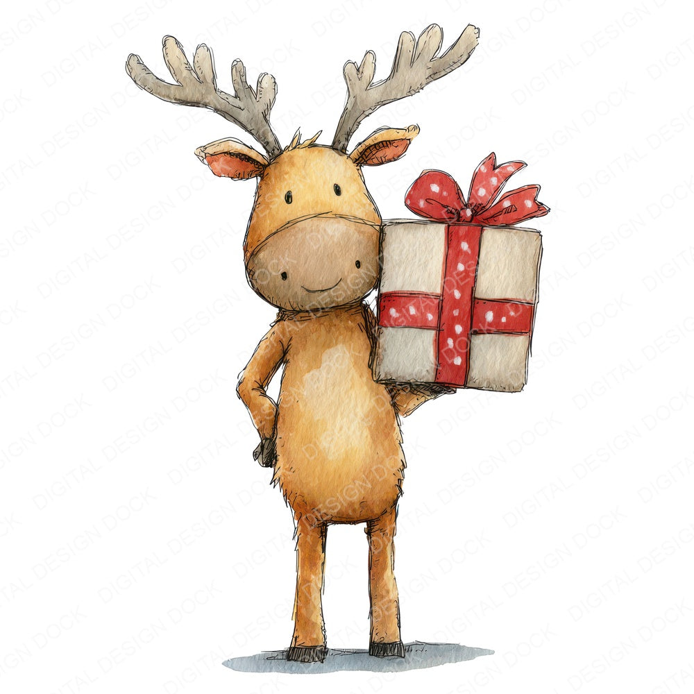 Christmas Watercolour Reindeer Gift fussy cut sheet in US Letter format showing all 12 designs on one printable page
