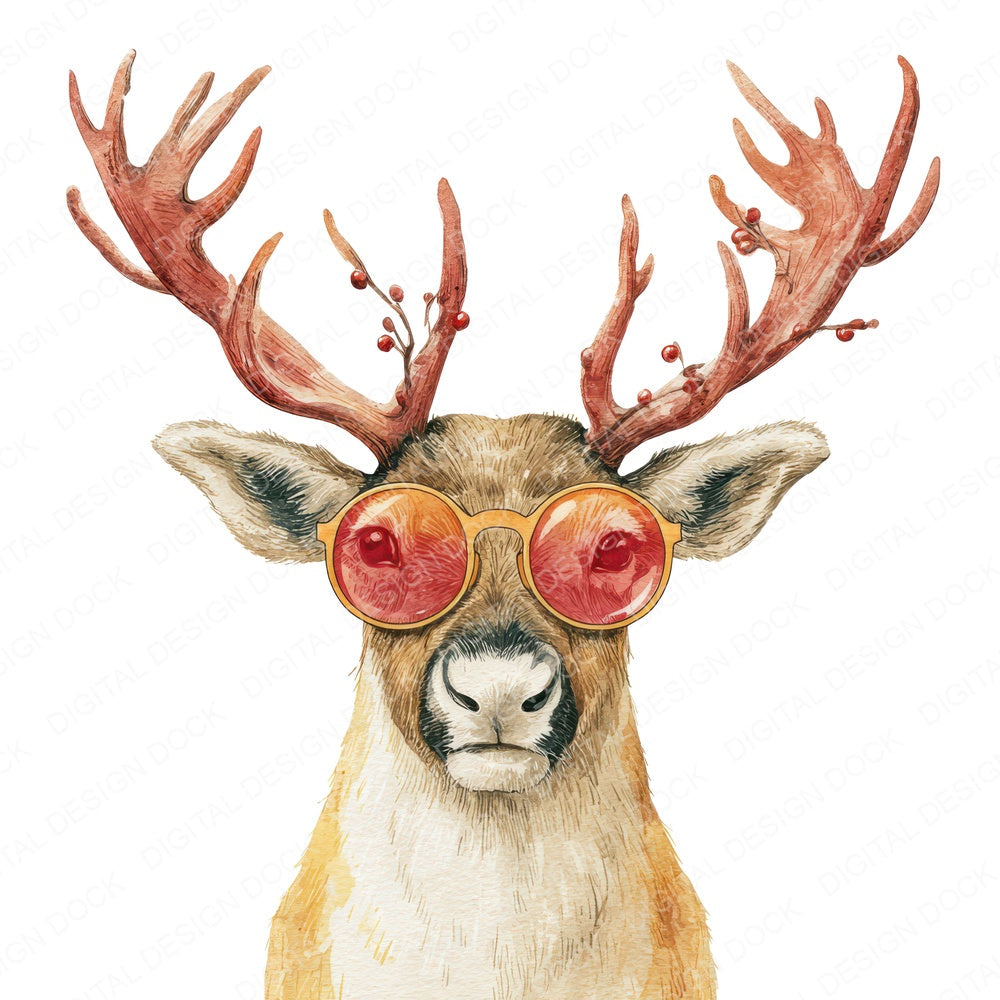 Christmas Watercolour Reindeer Glasses fussy cut sheet in A4 format showing all 12 designs on one printable page