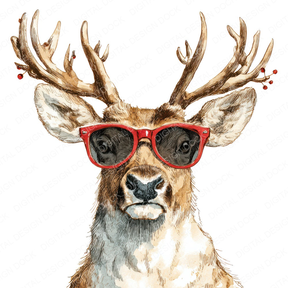 Christmas Watercolour Reindeer Glasses fussy cut sheet in US Letter format showing all 12 designs on one printable page