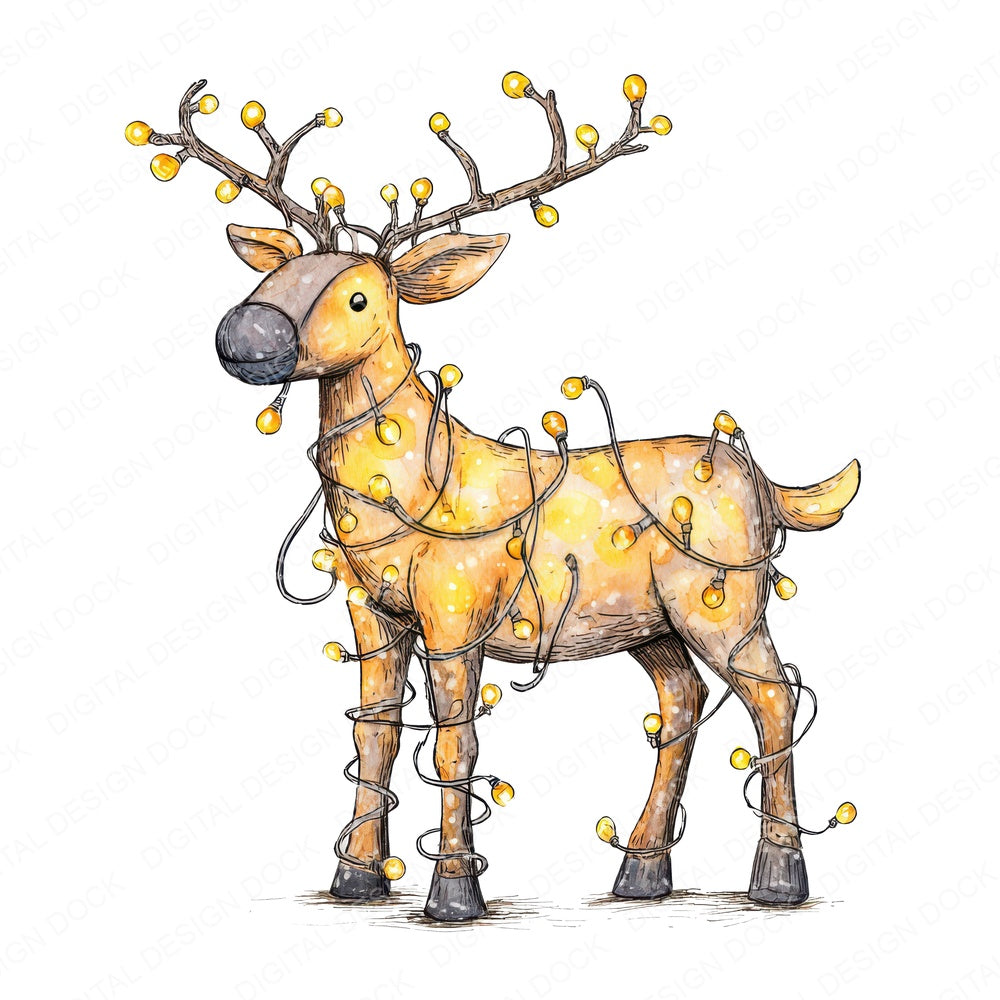 Christmas Watercolour Reindeer Lights fussy cut sheet in A4 format showing all 12 designs on one printable page