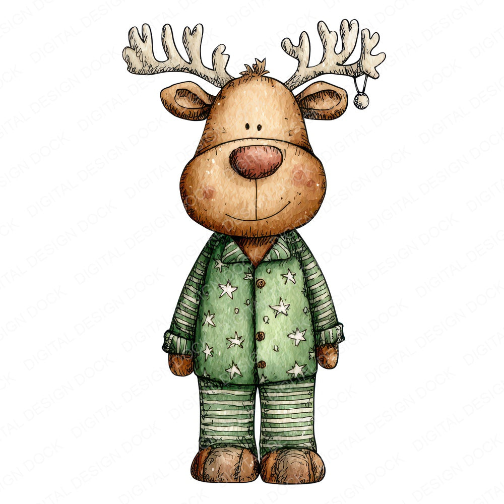 Christmas Watercolour Reindeer Pajamas fussy cut sheet in A4 format showing all 12 designs on one printable page