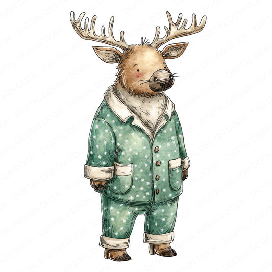 Christmas Watercolour Reindeer Pajamas fussy cut sheet in US Letter format showing all 12 designs on one printable page