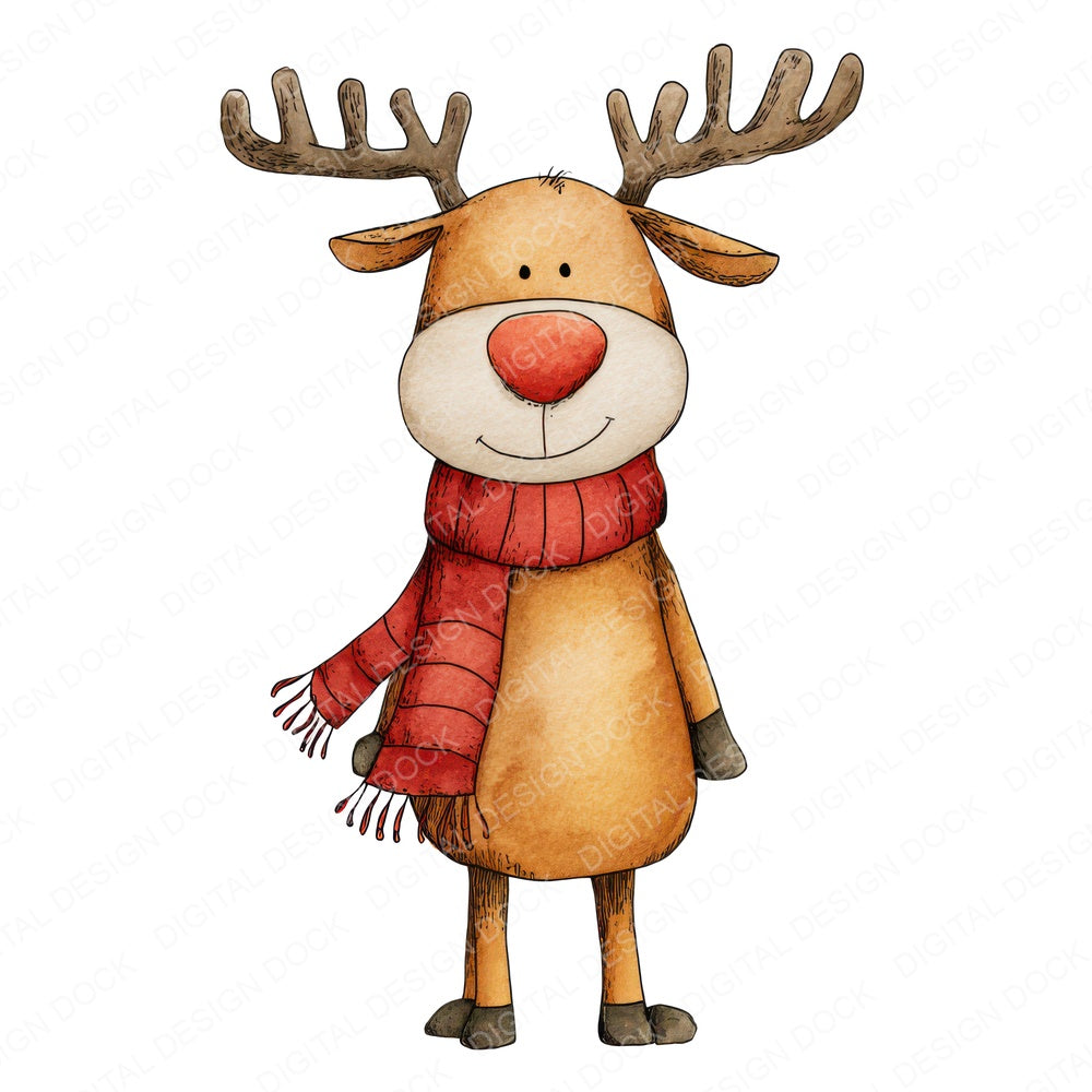 Christmas Watercolour Reindeer Scarf fussy cut sheet in A4 format showing all 12 designs on one printable page
