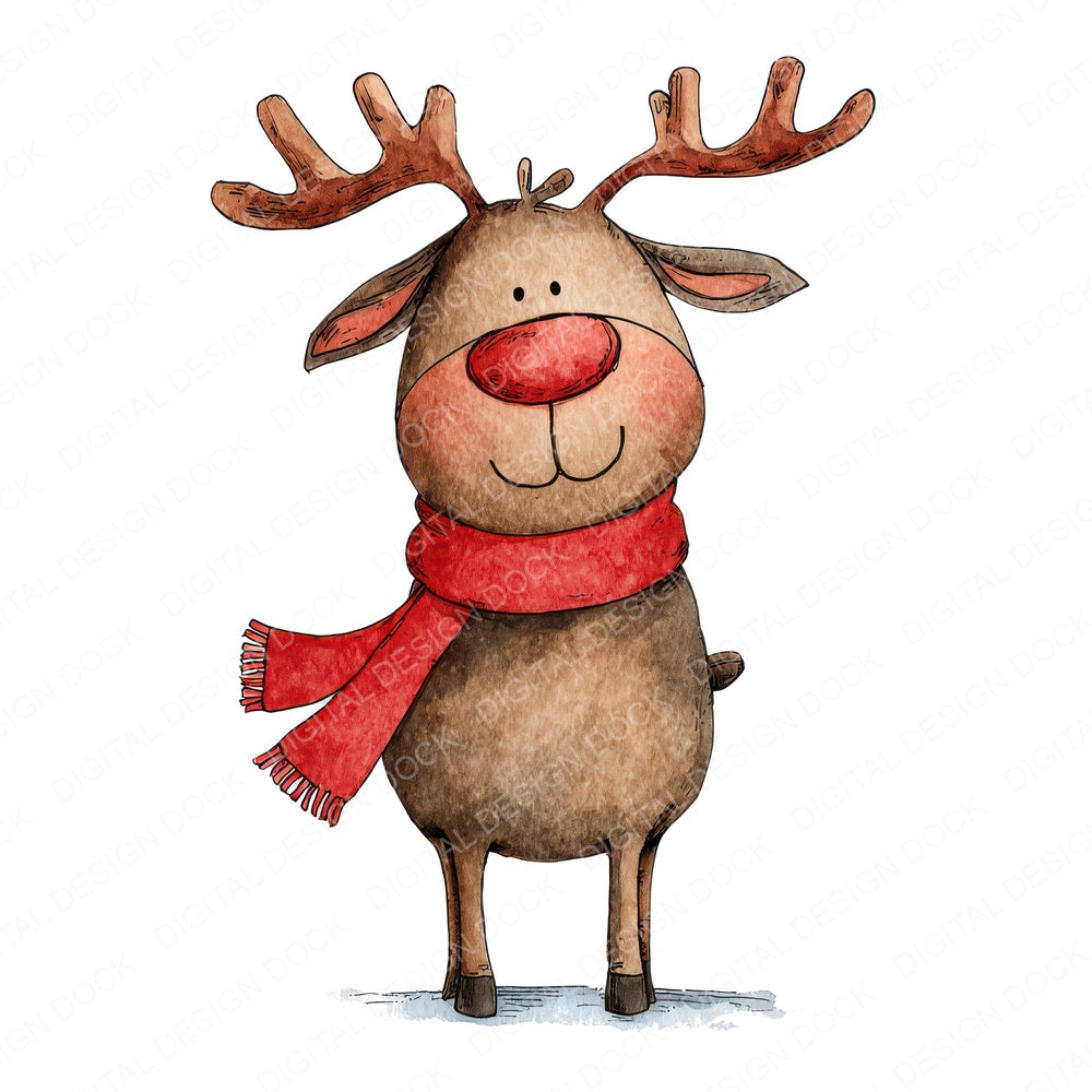 Christmas Watercolour Reindeer Scarf fussy cut sheet in US Letter format showing all 12 designs on one printable page