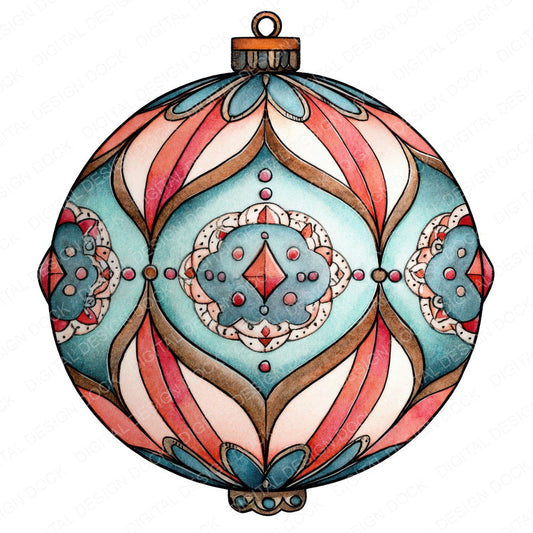 Christmas Watercolour Retro Bauble fussy cut sheet in A4 format showing all 12 designs on one printable page