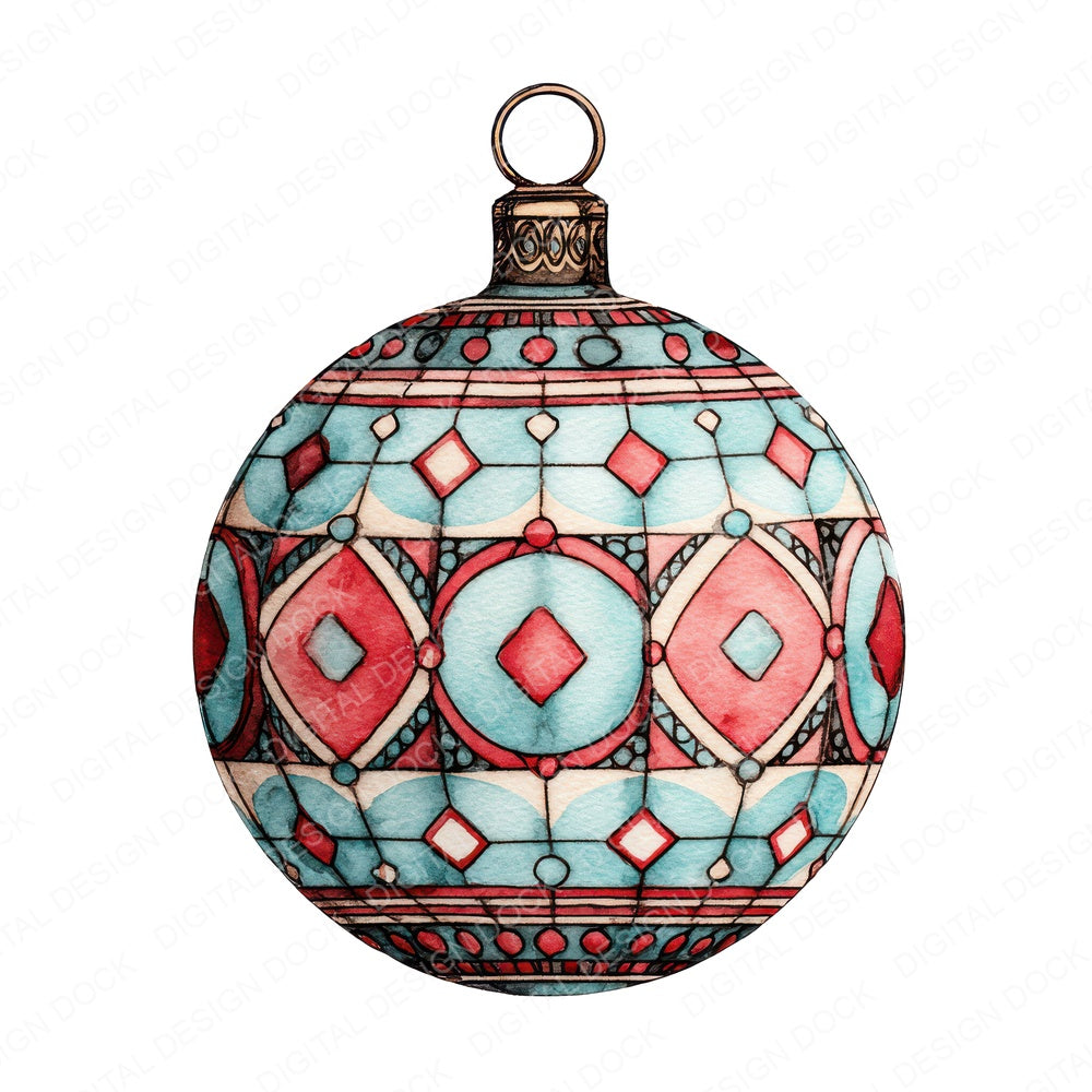 Christmas Watercolour Retro Bauble fussy cut sheet in US Letter format showing all 12 designs on one printable page