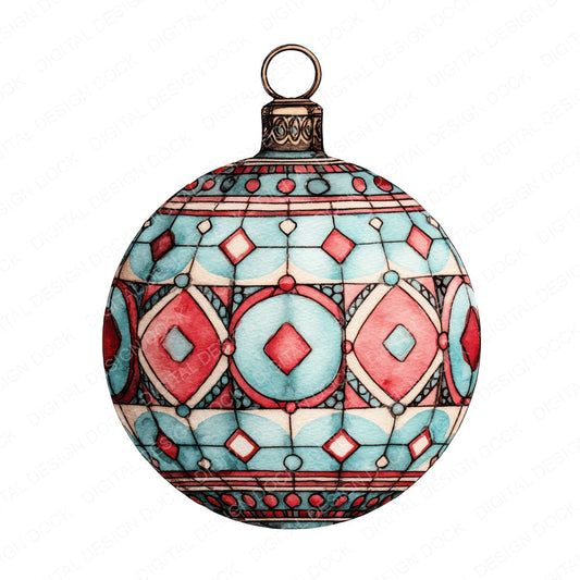 Christmas Watercolour Retro Bauble fussy cut sheet in US Letter format showing all 12 designs on one printable page