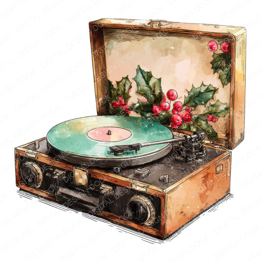 Christmas Watercolour Retro Record Player fussy cut sheet in A4 format showing all 12 designs on one printable page