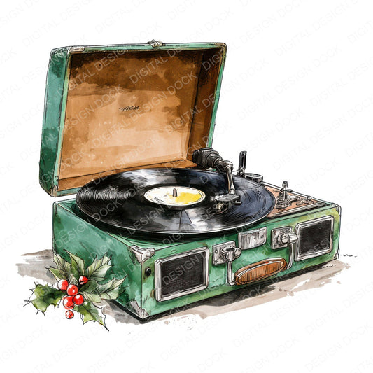 Christmas Watercolour Retro Record Player fussy cut sheet in US Letter format showing all 12 designs on one printable page
