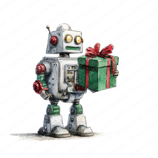 Christmas Watercolour Retro Robot fussy cut sheet in A4 format showing all 12 designs on one printable page