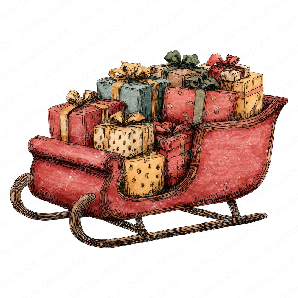 Christmas Watercolour Retro Sleigh fussy cut sheet in A4 format showing all 12 designs on one printable page