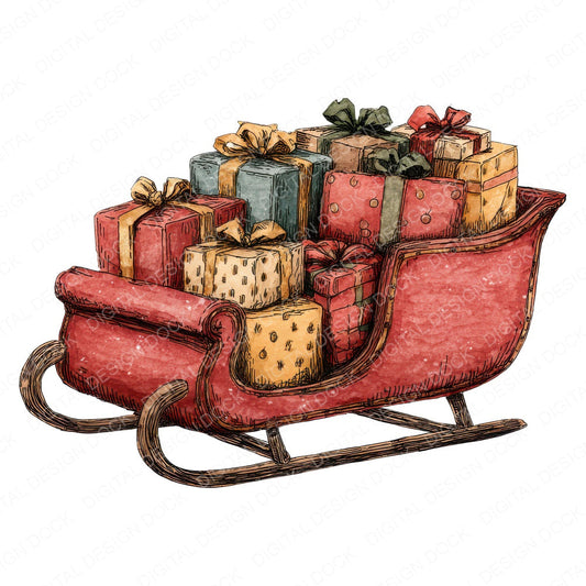 Christmas Watercolour Retro Sleigh fussy cut sheet in A4 format showing all 12 designs on one printable page