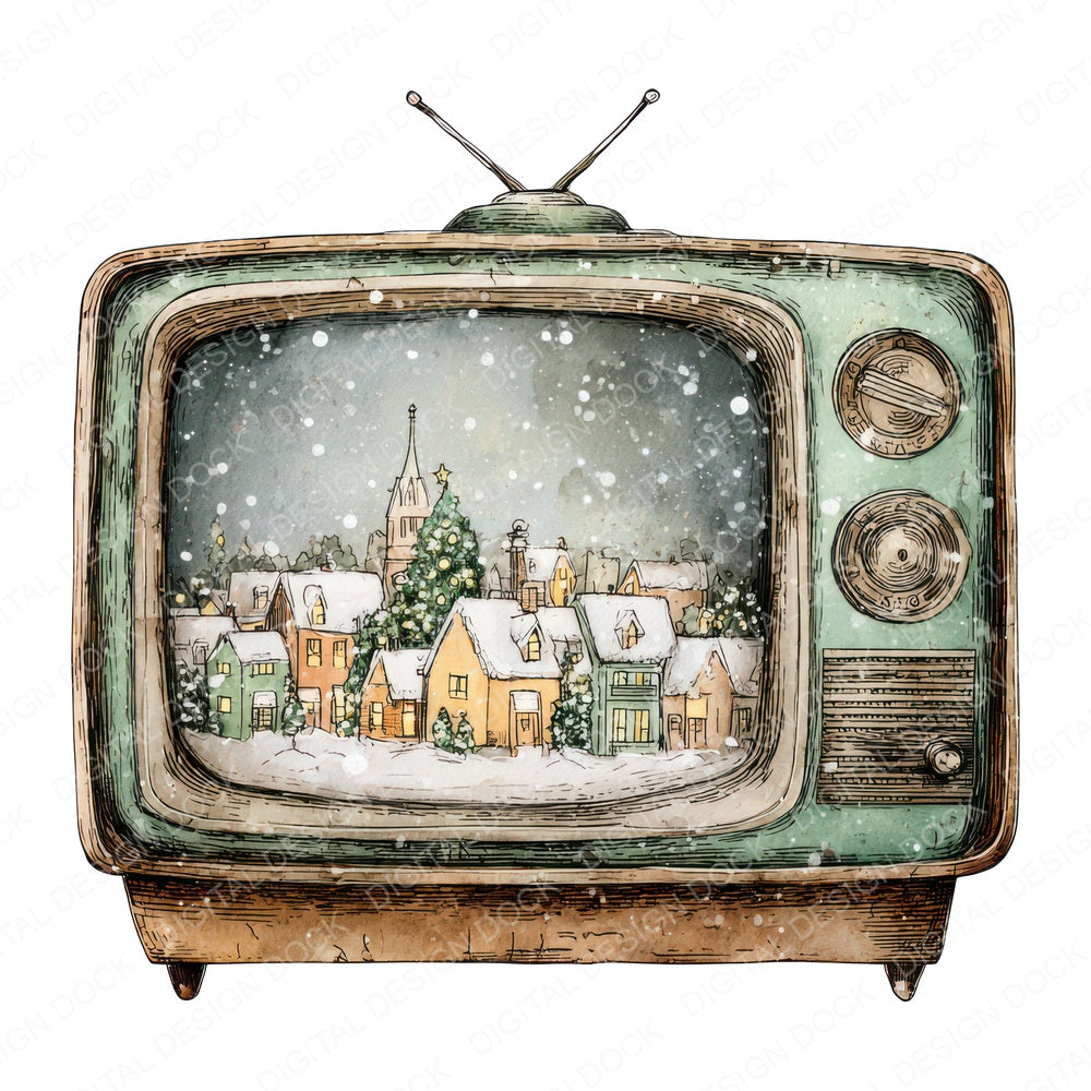 Christmas Watercolour Retro TV fussy cut sheet in A4 format showing all 12 designs on one printable page