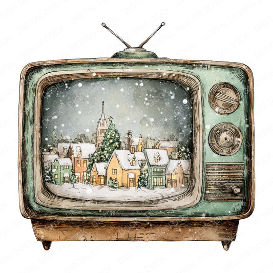 Christmas Watercolour Retro TV fussy cut sheet in A4 format showing all 12 designs on one printable page