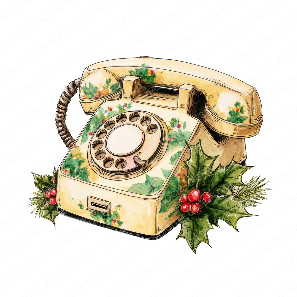 Christmas Watercolour Retro Telephone fussy cut sheet in A4 format showing all 12 designs on one printable page