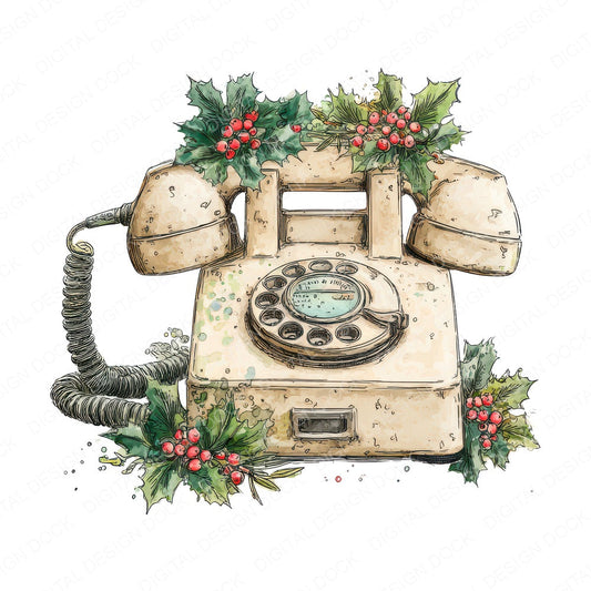 Christmas Watercolour Retro Telephone fussy cut sheet in US Letter format showing all 12 designs on one printable page