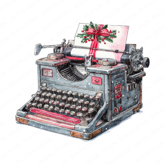 Christmas Watercolour Retro Typewriter fussy cut sheet in A4 format showing all 12 designs on one printable page