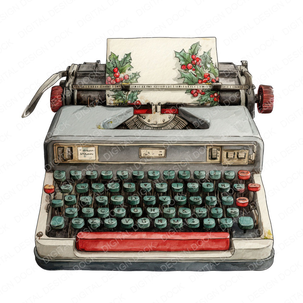 Christmas Watercolour Retro Typewriter fussy cut sheet in US Letter format showing all 12 designs on one printable page