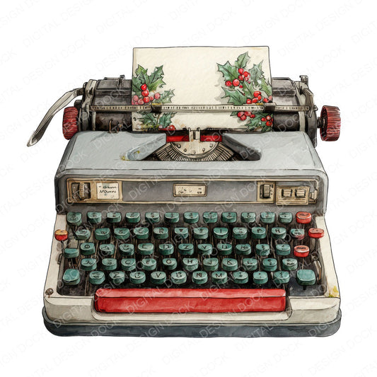 Christmas Watercolour Retro Typewriter fussy cut sheet in US Letter format showing all 12 designs on one printable page