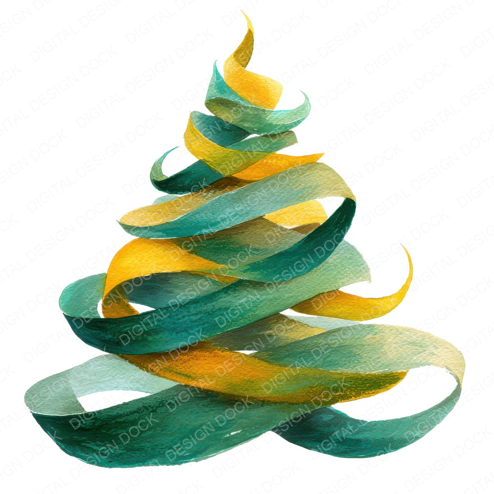 Christmas Watercolour Ribbon Tree fussy cut sheet in A4 format showing all 12 designs on one printable page