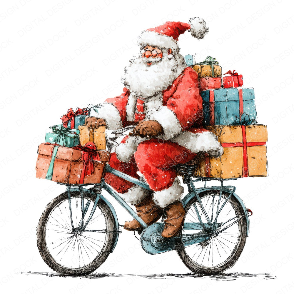 Christmas Watercolour Santa Bicycle fussy cut sheet in A4 format showing all 12 designs on one printable page