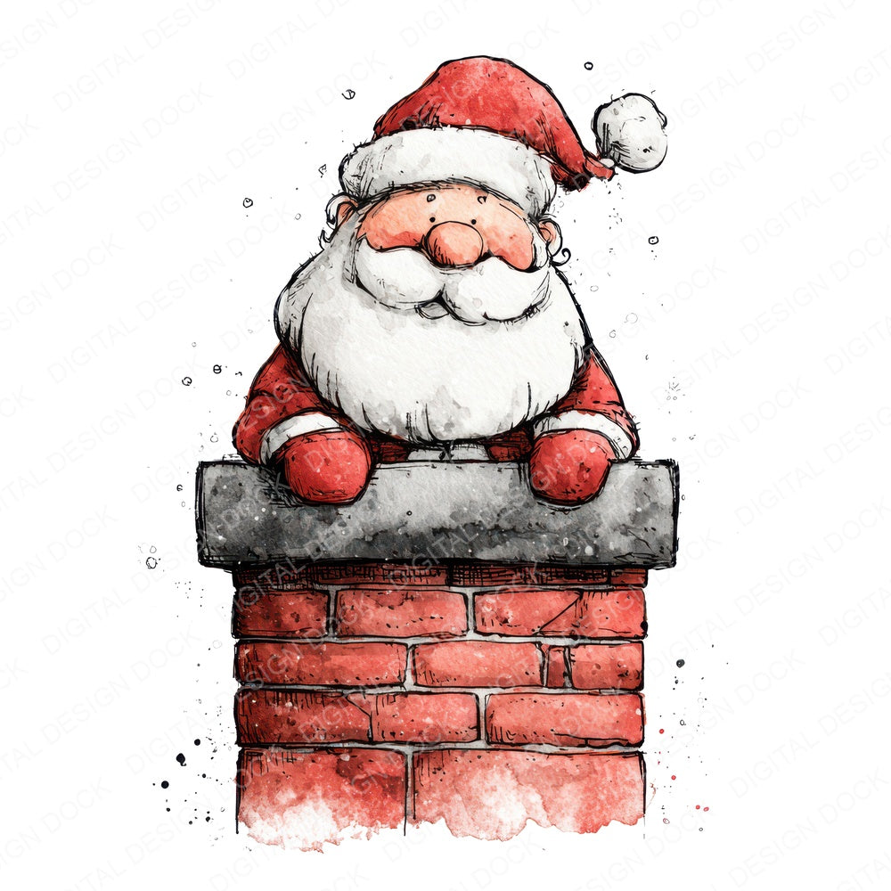 Christmas Watercolour Santa Chimney fussy cut sheet in A4 format showing all 12 designs on one printable page