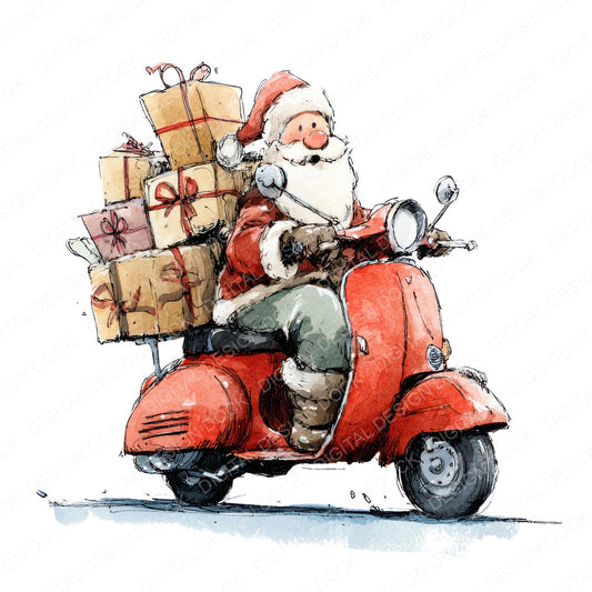 Christmas Watercolour Santa Scooter fussy cut sheet in A4 format showing all 12 designs on one printable page