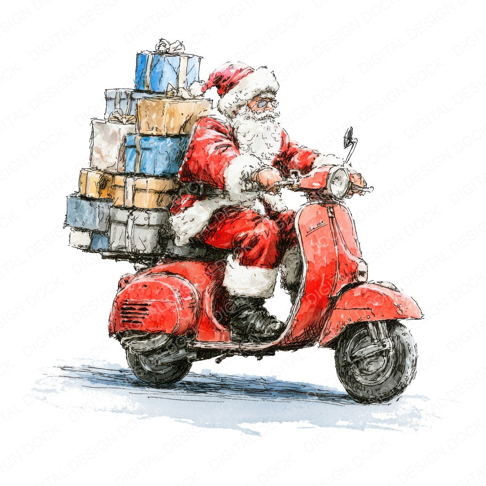 Christmas Watercolour Santa Scooter fussy cut sheet in US Letter format showing all 12 designs on one printable page