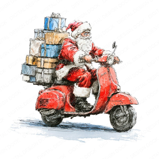 Christmas Watercolour Santa Scooter fussy cut sheet in US Letter format showing all 12 designs on one printable page