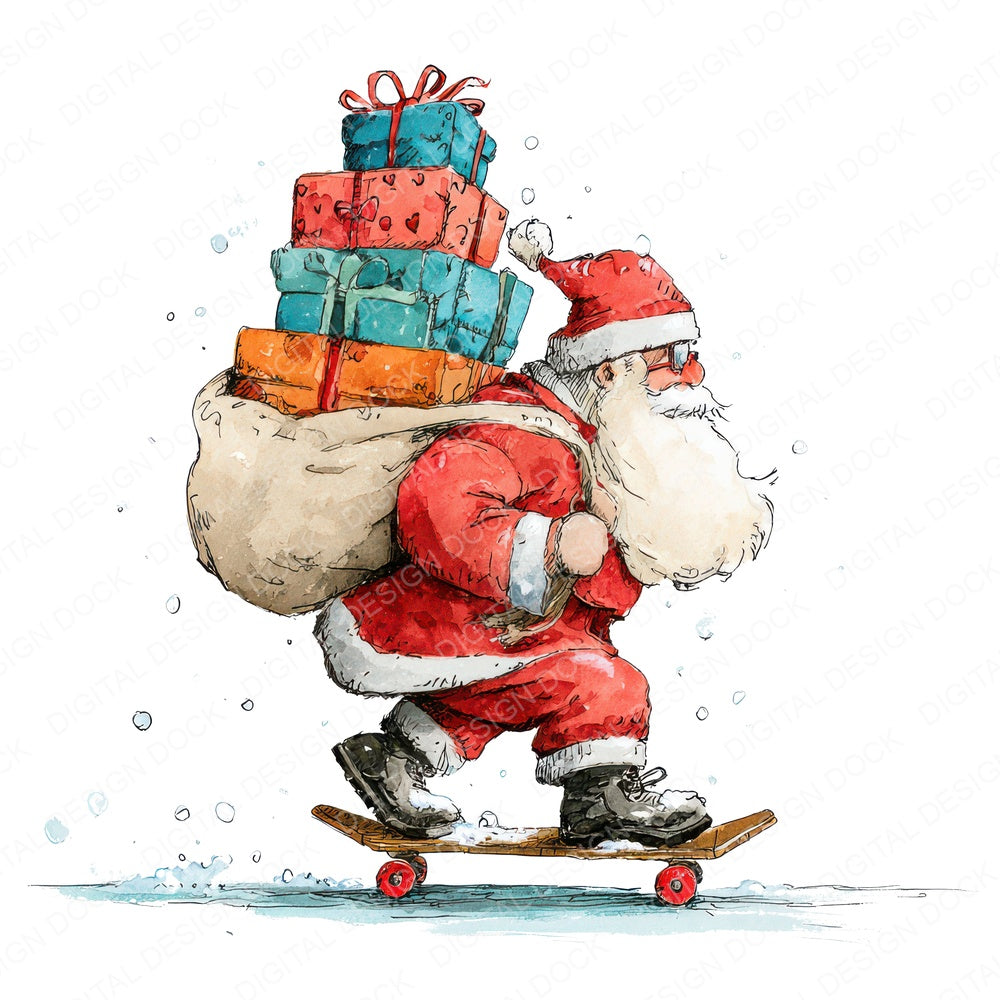 Christmas Watercolour Santa Skateboard Fussy Cut Sheets (DDD009334)