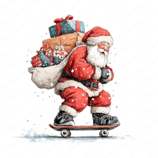 Christmas Watercolour Santa Skateboard Clipart Set (DDD004958)