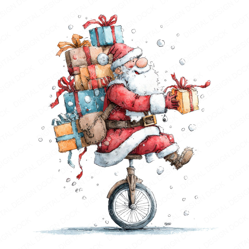 Christmas Watercolour Santa Unicycle Fussy Cut Sheets (DDD009335)