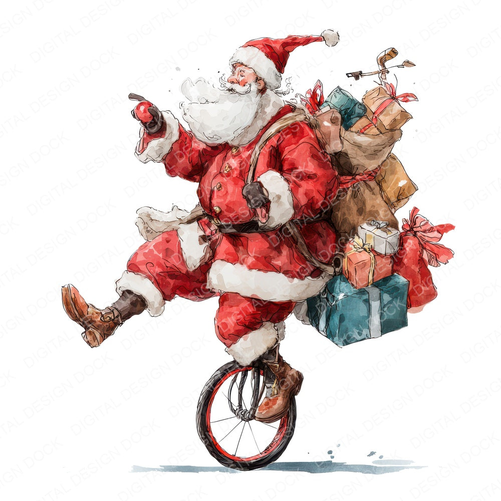Christmas Watercolour Santa Unicycle Clipart Set (DDD004959)