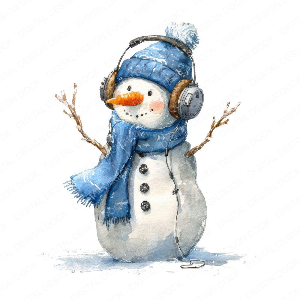 Christmas Watercolour Snowman Headphones fussy cut sheet in A4 format showing all 12 designs on one printable page