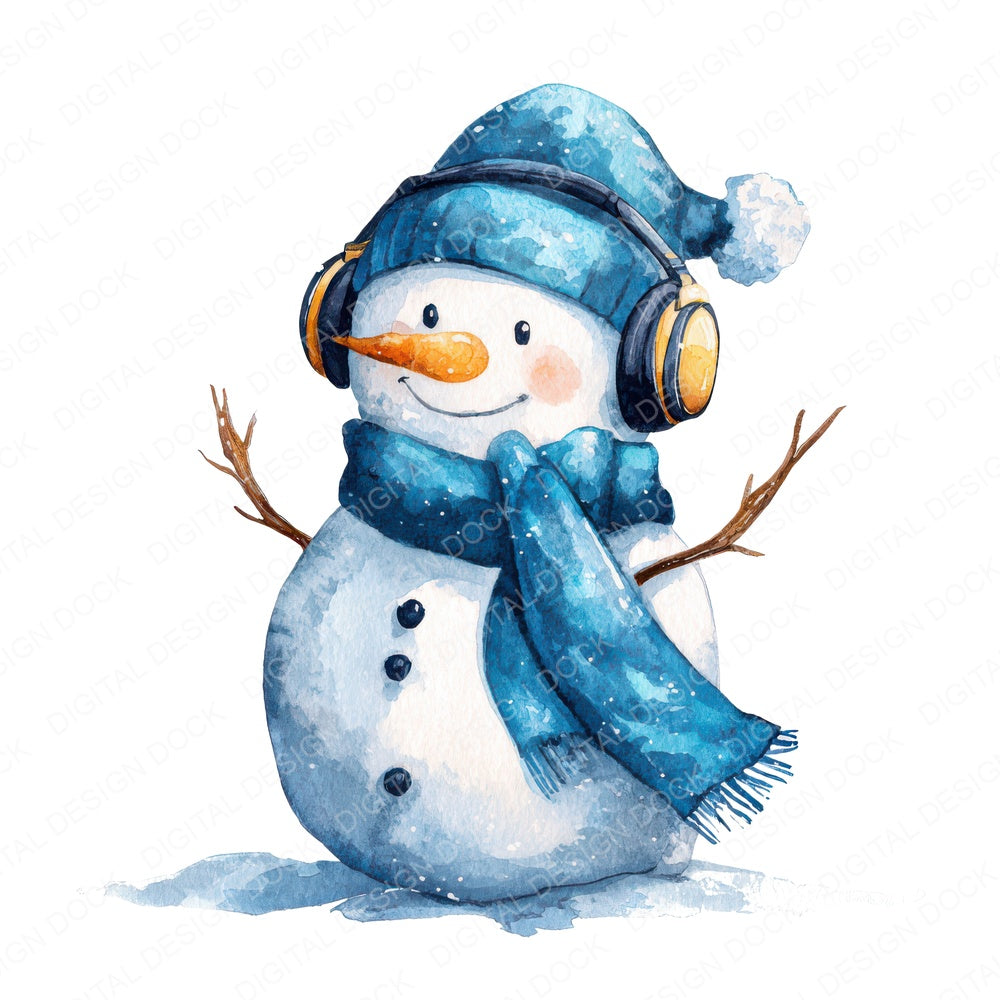 Christmas Watercolour Snowman Headphones fussy cut sheet in US Letter format showing all 12 designs on one printable page