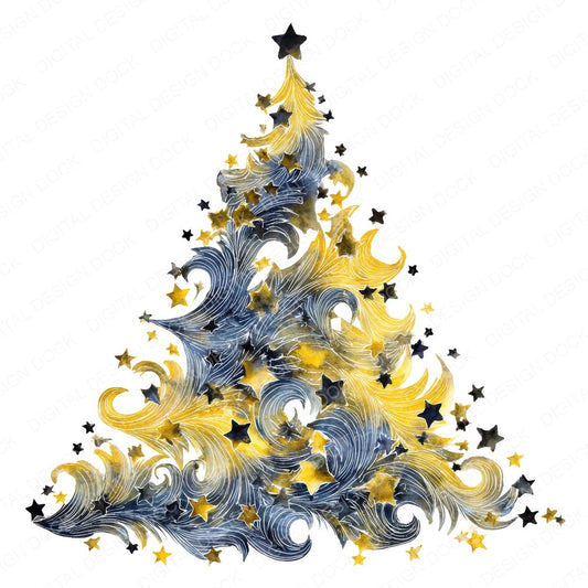 Christmas Watercolour Star Tree A fussy cut sheet in US Letter format showing all 12 designs on one printable page